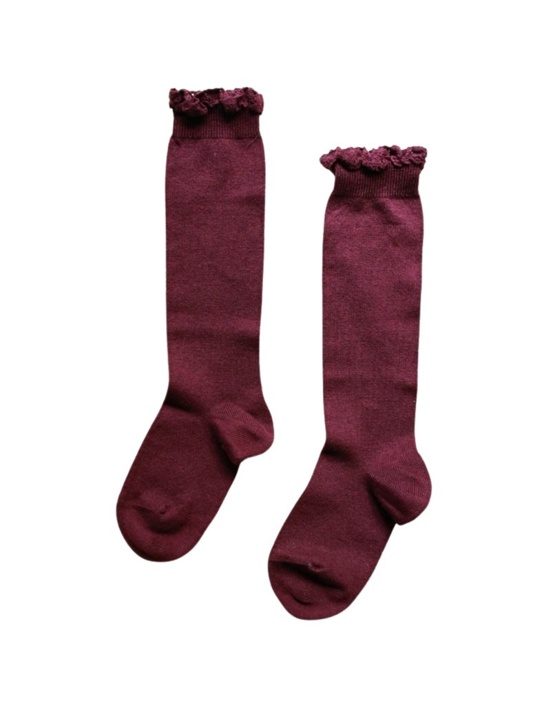 Petit Nord Knee Socks with Lace Edging Socks Dark plum 596